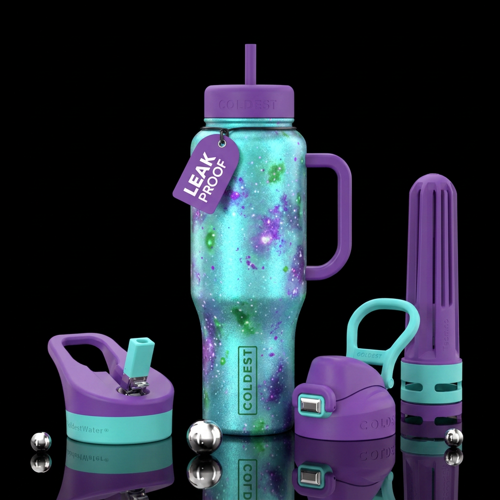 Shimmering aqua colored background with purple and... water bottle design