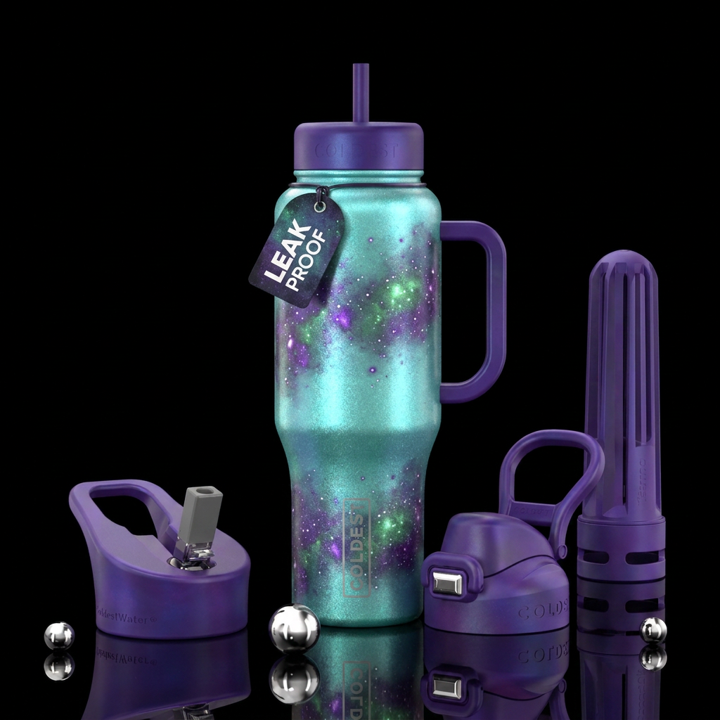 Shimmering aqua colored background with purple and... water bottle design