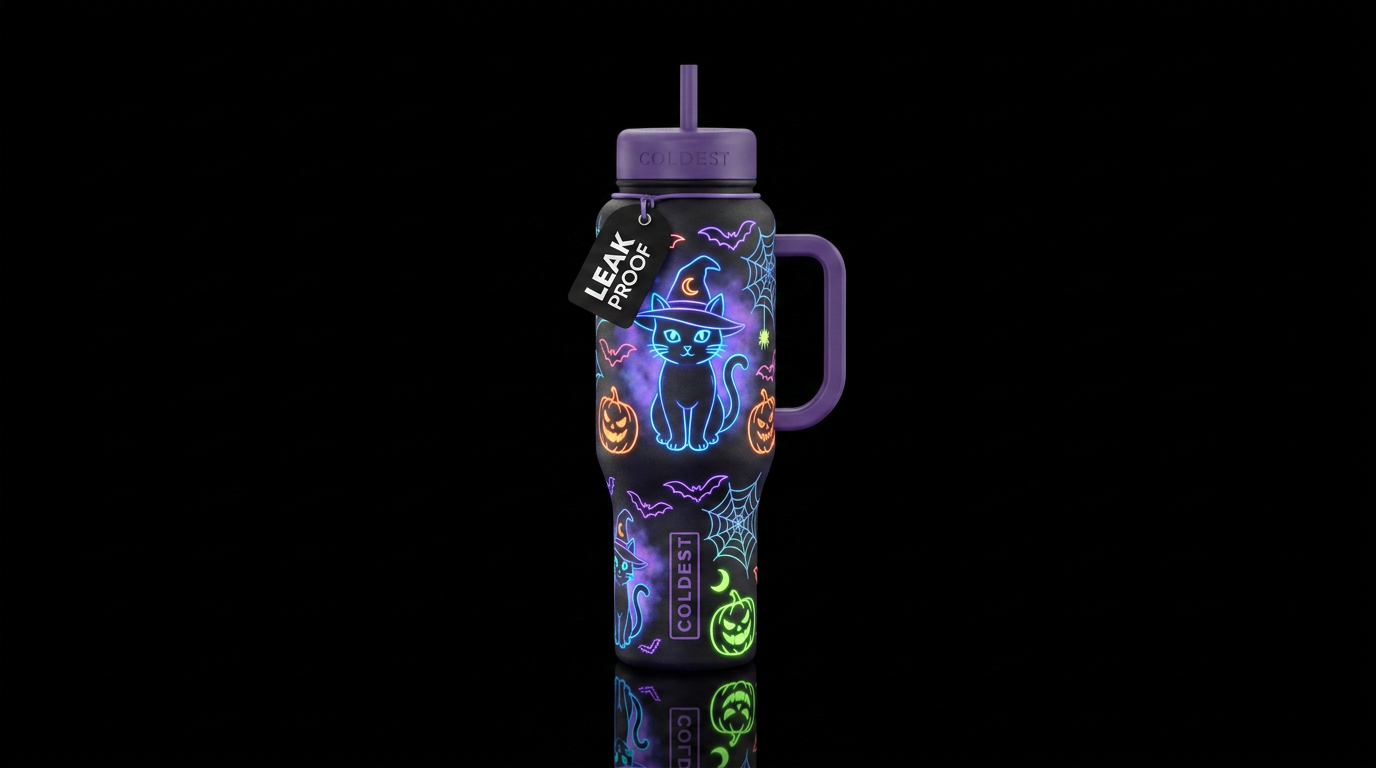 Witchy kittens glow in the dark outlines with bats... water bottle design