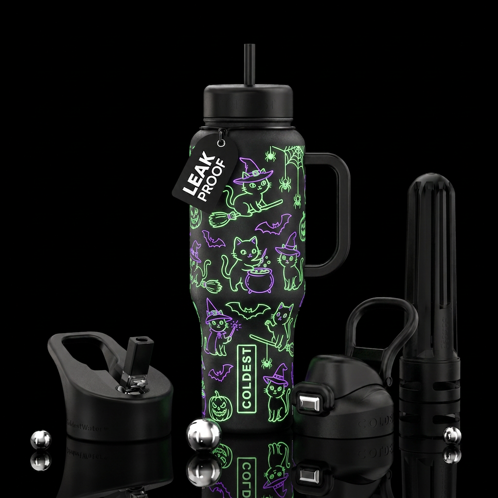 Witchy kittens glow in the dark outlines with bats... water bottle design