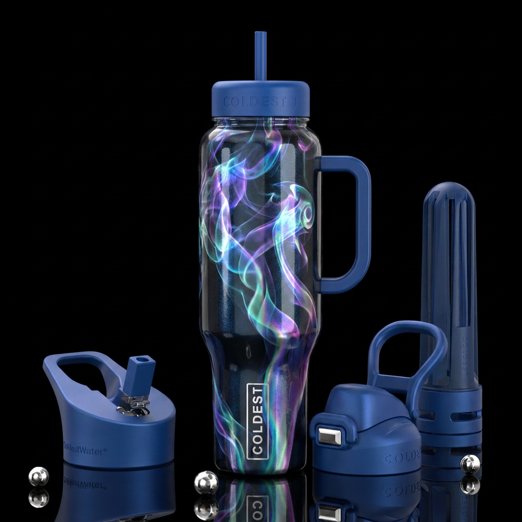 Shiny Metallic black background with colored opale... water bottle design