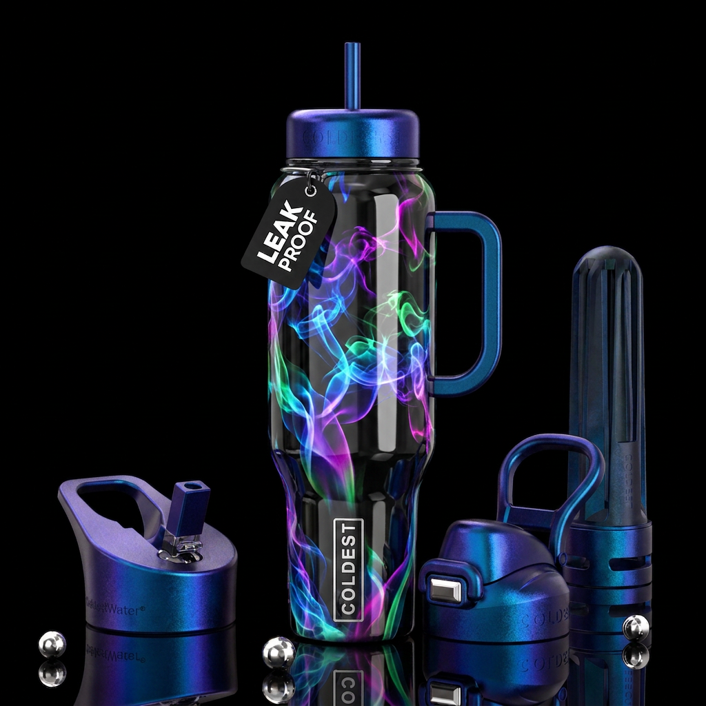 Shiny Metallic black background with colored opale... water bottle design