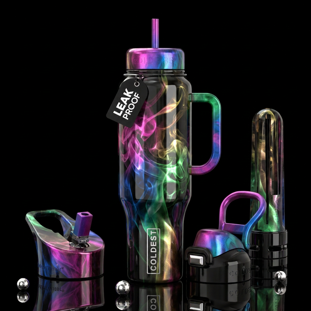 Shiny Metallic black background with colored opale... water bottle design