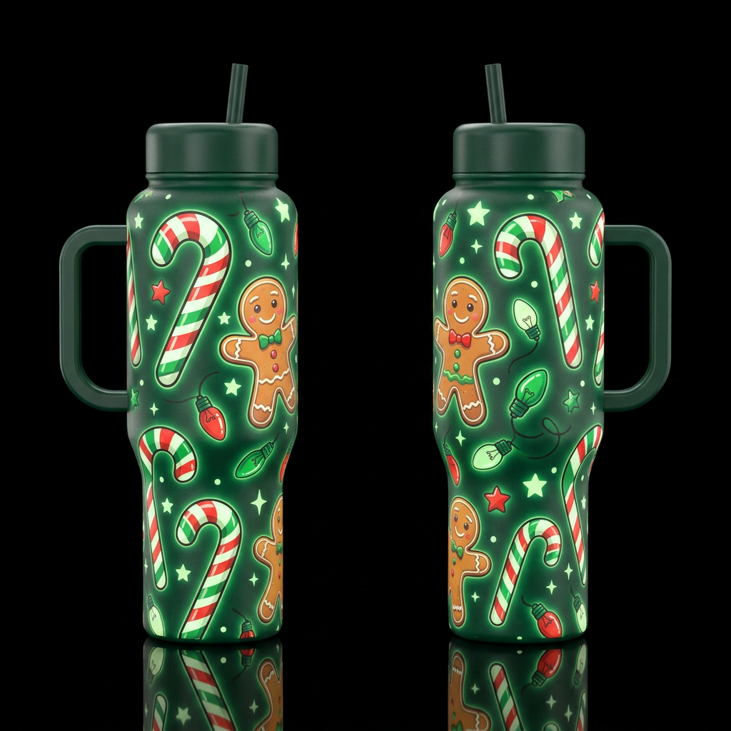 Red white and green candy canes and gingerbread me... water bottle design