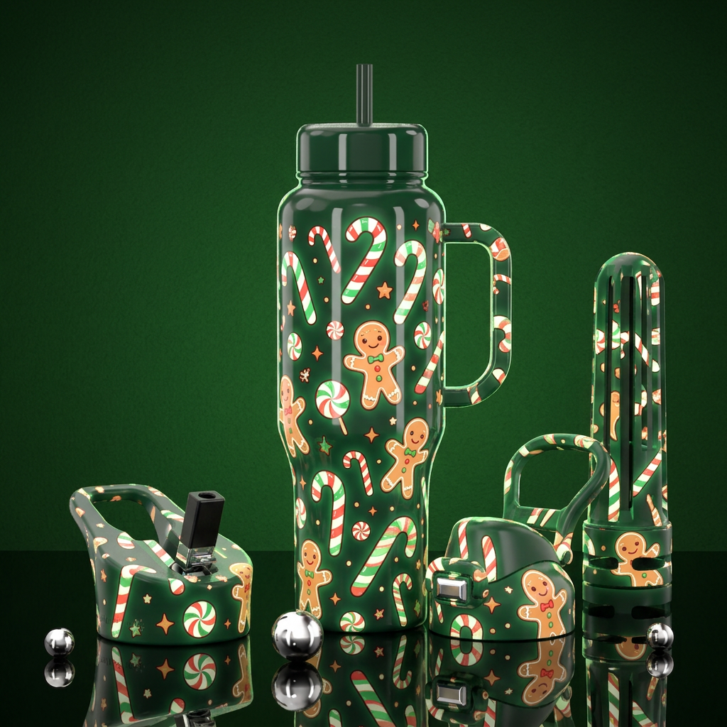 Red white and green candy canes and gingerbread me... water bottle design