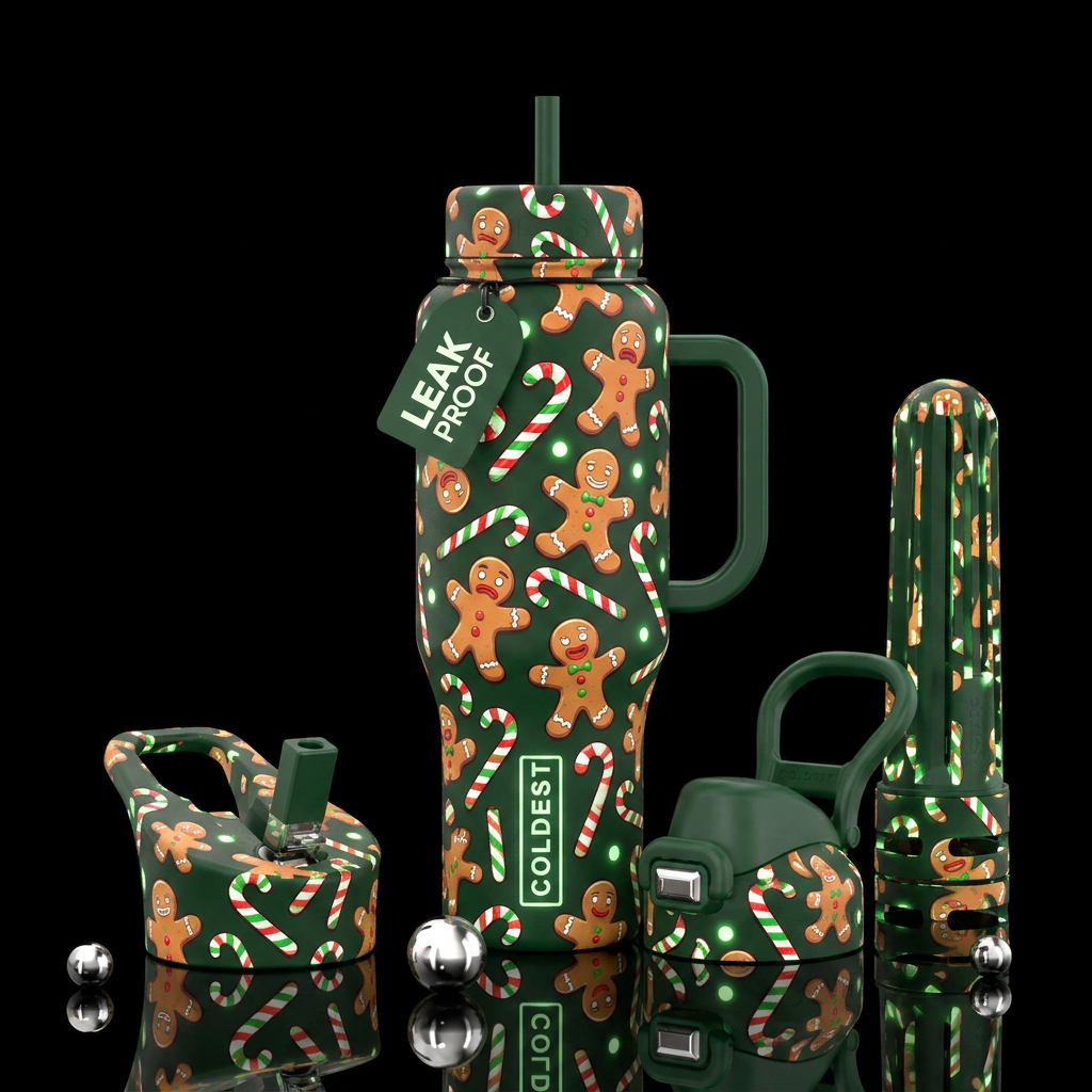 Red white and green candy canes and gingerbread me... water bottle design
