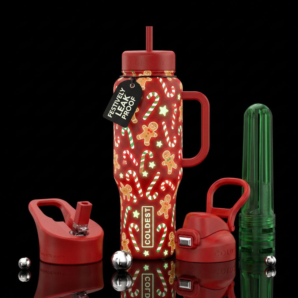 Red white and green candy canes and gingerbread me... water bottle design