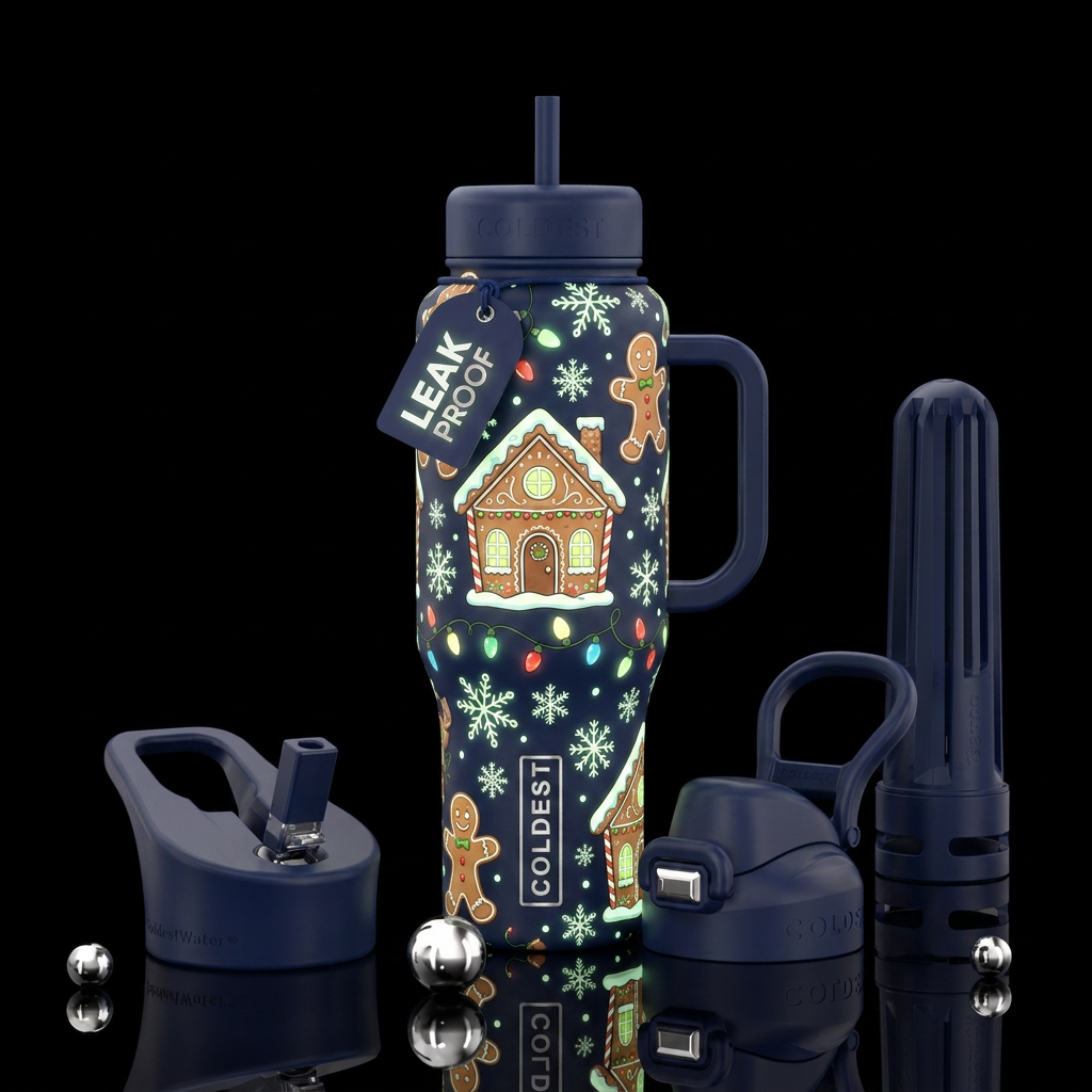 Hand drawn cartoon stylistic Christmas gingerbread... water bottle design