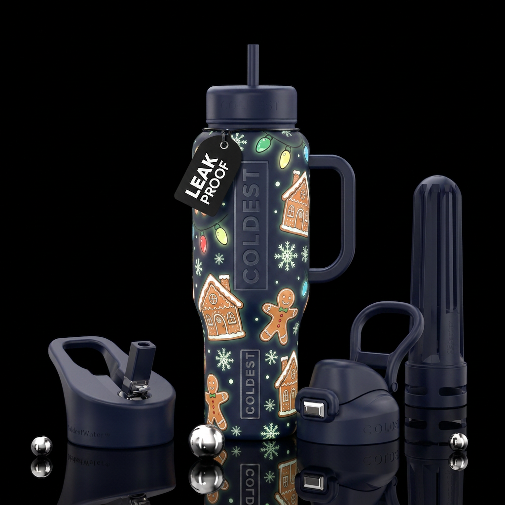 Hand drawn cartoon stylistic Christmas gingerbread... water bottle design
