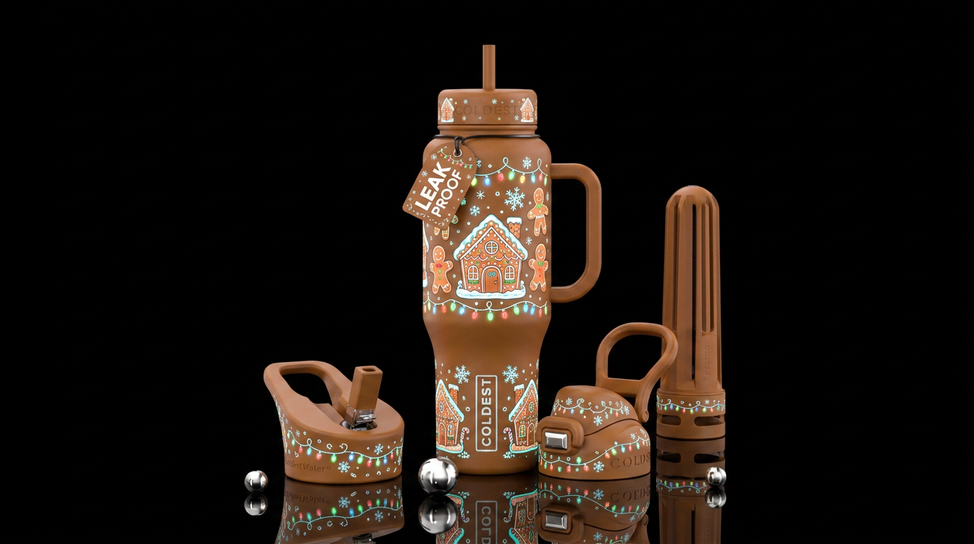 Hand drawn cartoon stylistic Christmas gingerbread... water bottle design