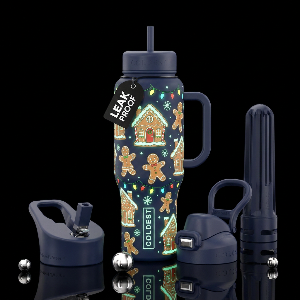 Hand drawn cartoon stylistic Christmas gingerbread... water bottle design