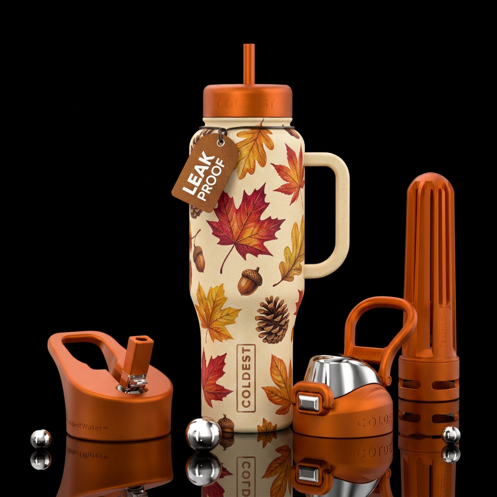 Cream colored background, Fall leaves, acorns,pine... water bottle design