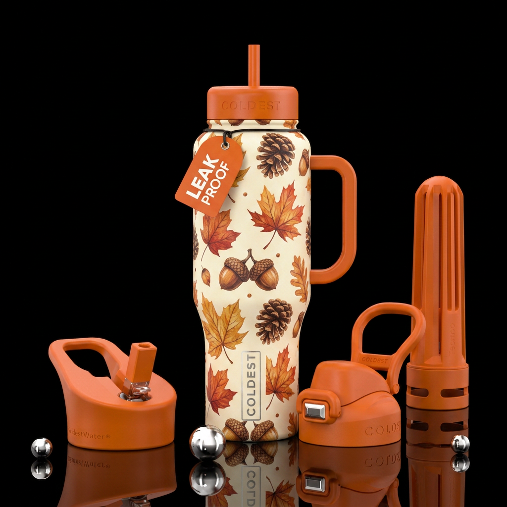 Cream colored background, Fall leaves, acorns,pine... water bottle design