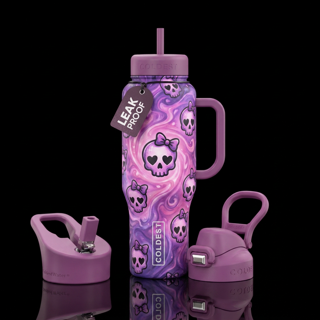 Gothic punk silhouettes of cute girl skulls with h... water bottle design