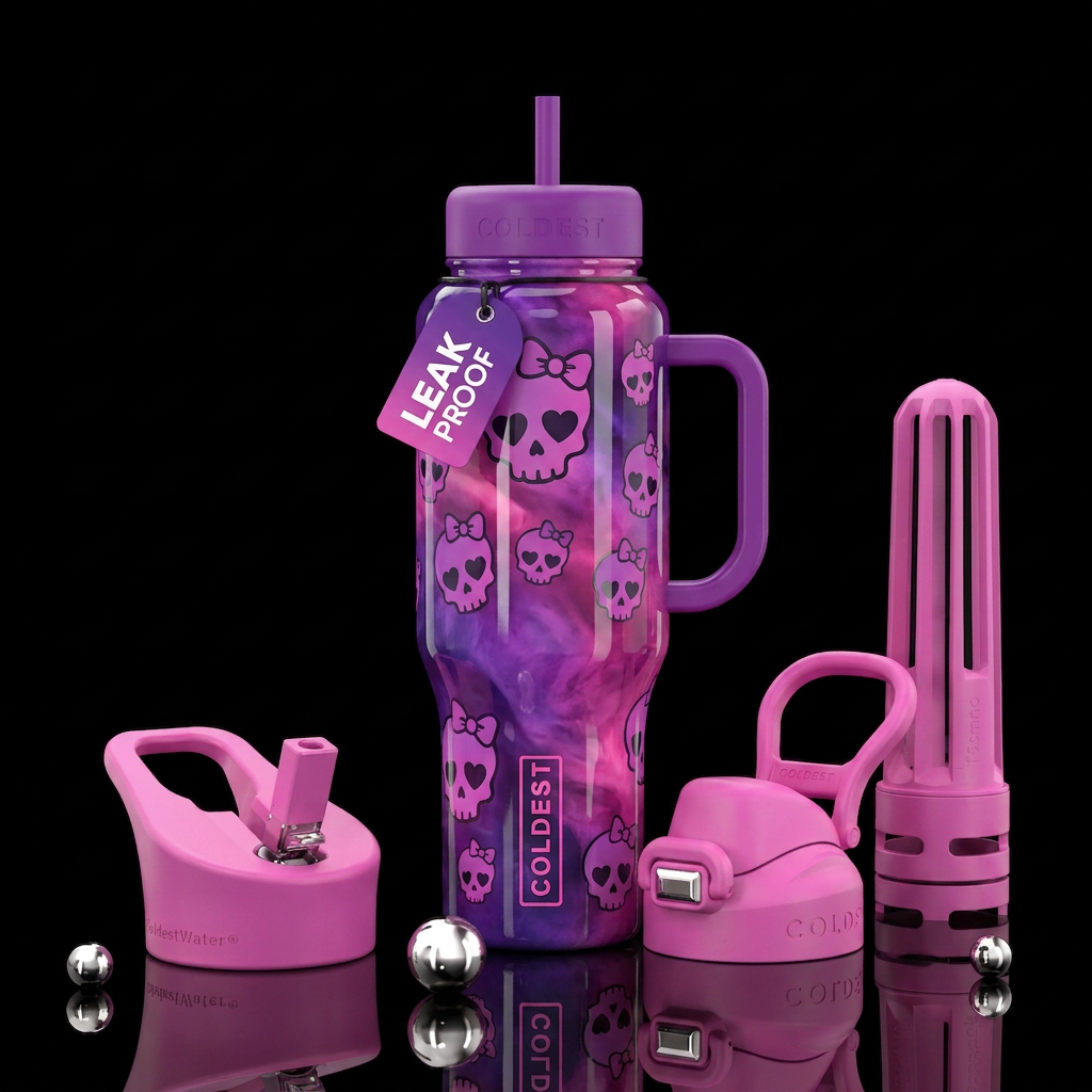 Gothic punk silhouettes of cute girl skulls with h... water bottle design