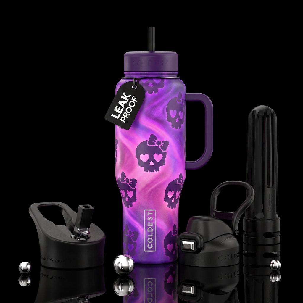 Gothic punk silhouettes of cute girl skulls with h... water bottle design