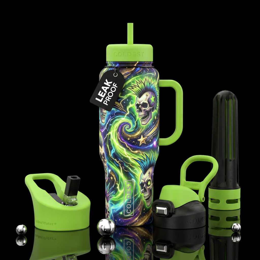 Punk rock  starry skulls lime green background swi... water bottle design