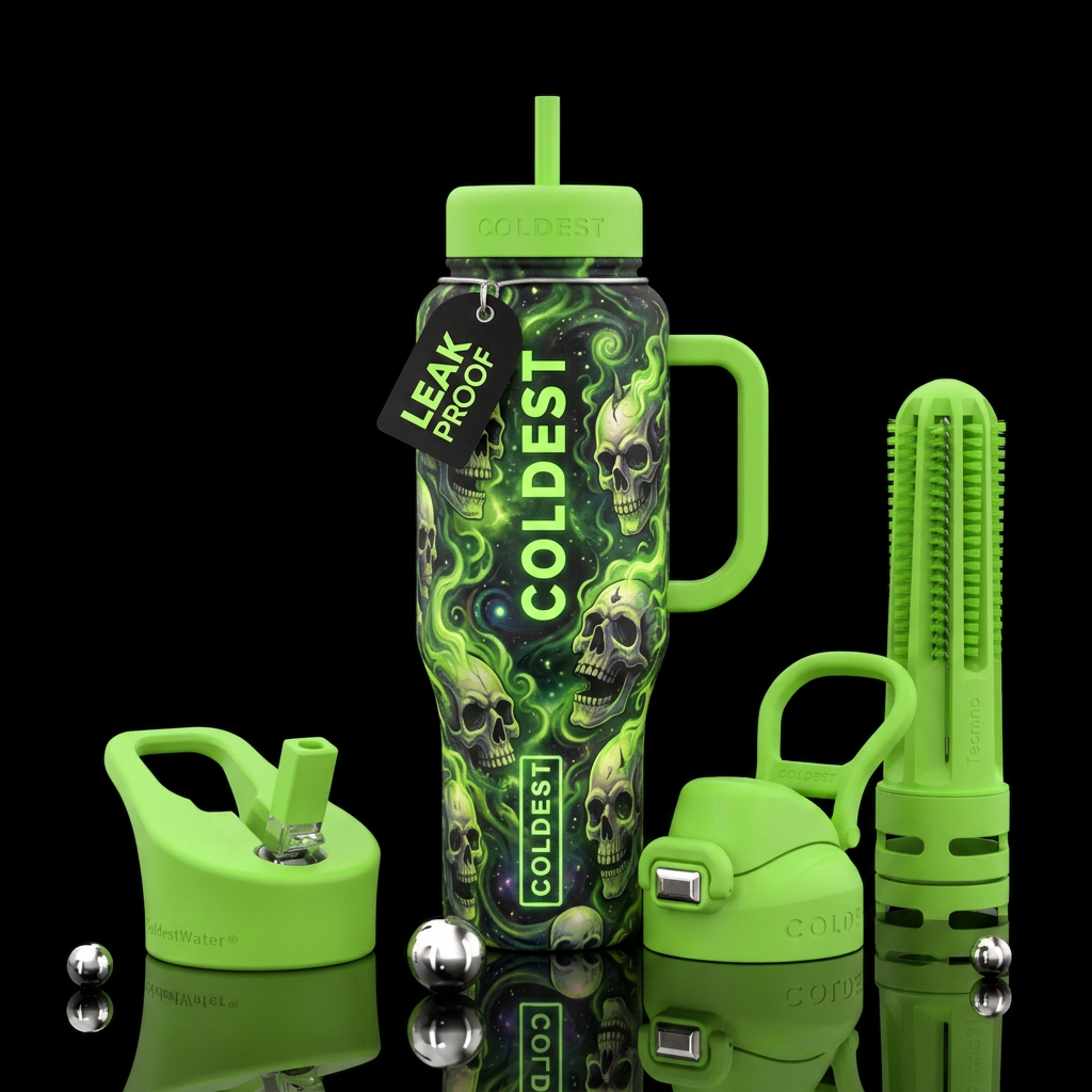 Punk rock skulls lime green background swirled, be... water bottle design