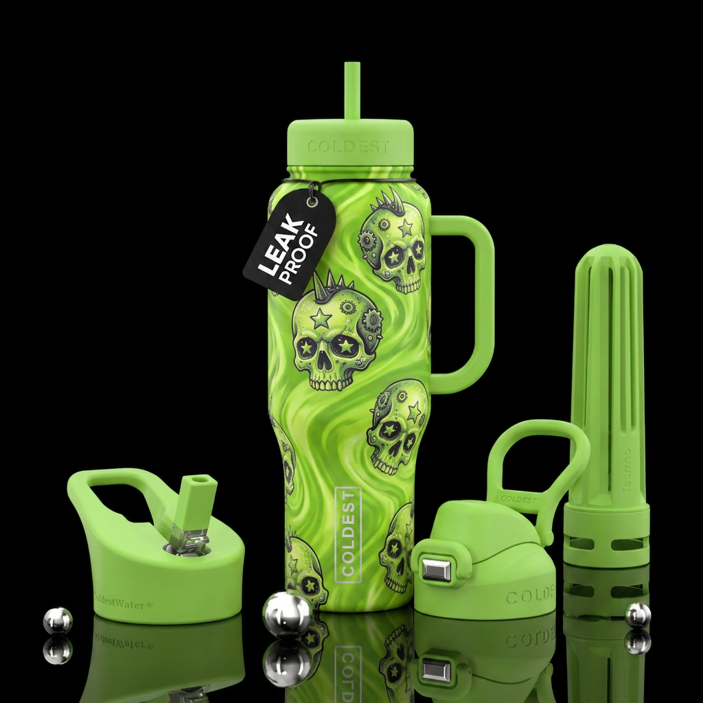 Punk rock  starry skulls lime green background swi... water bottle design