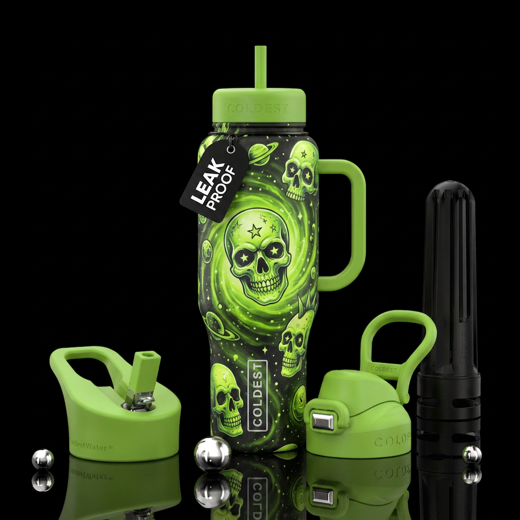Punk rock  starry skulls lime green background swi... water bottle design
