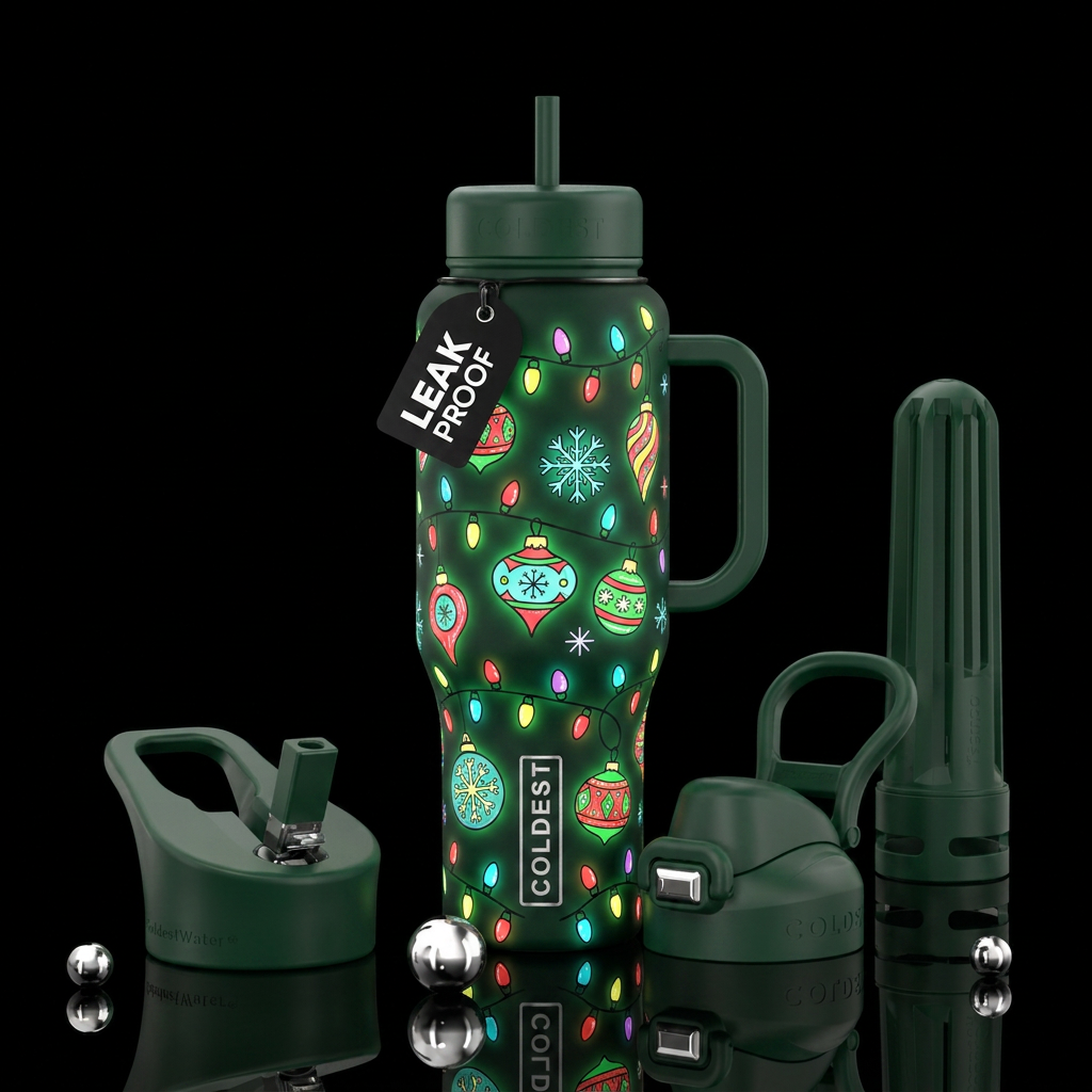 Hand drawn cartoon style Christmas lights around b... water bottle design