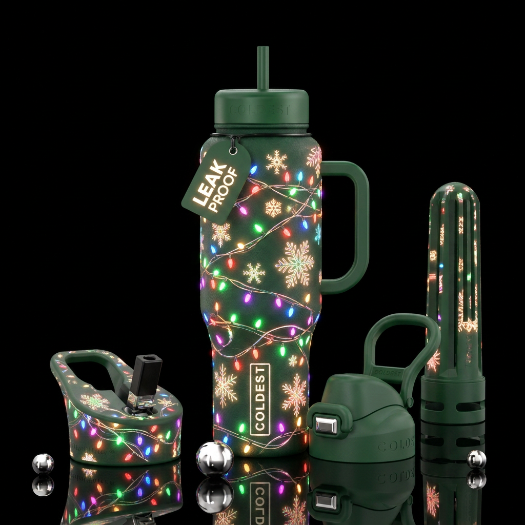 Christmas lights strung around bottle with snowfla... water bottle design