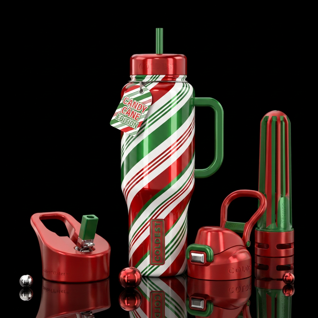 Glossy red white and green candy cane inspired, vi... water bottle design