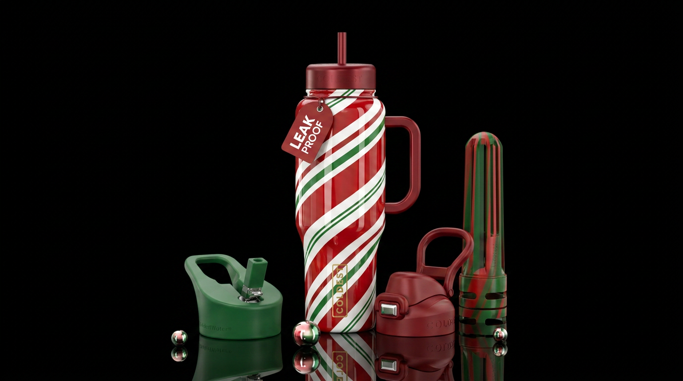 Glossy red white and green candy cane inspired, vi... water bottle design