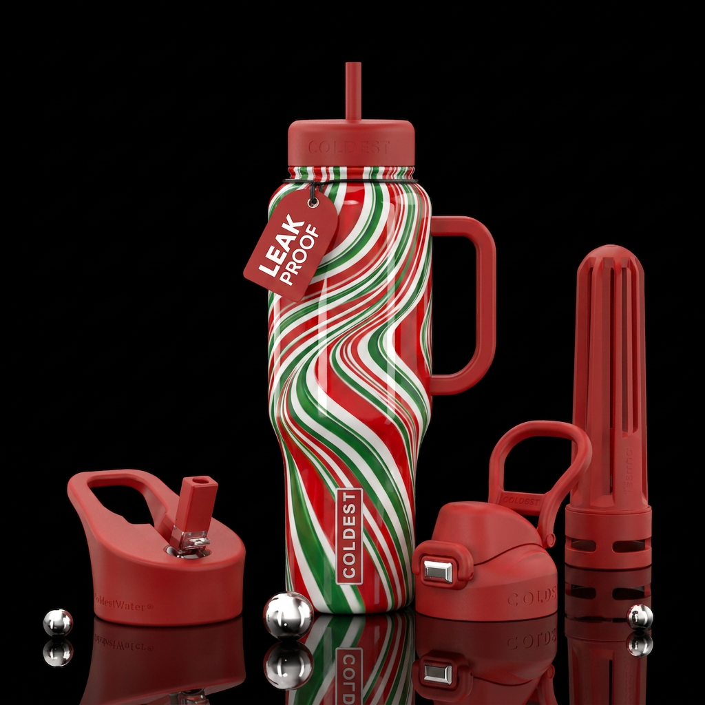 Glossy red white and green candy cane inspired, vi... water bottle design