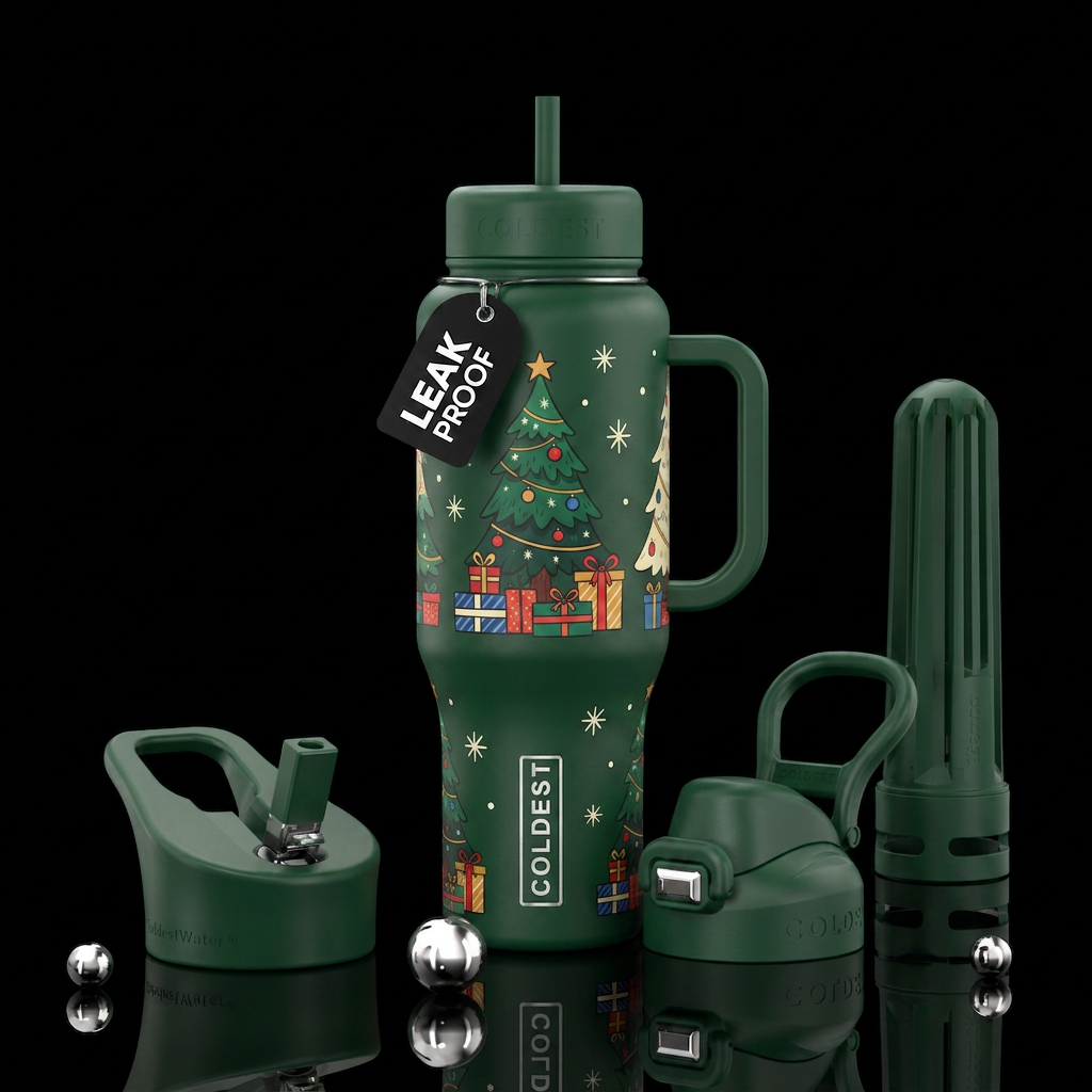 christmas tree with presents underneath cartoon ha... water bottle design