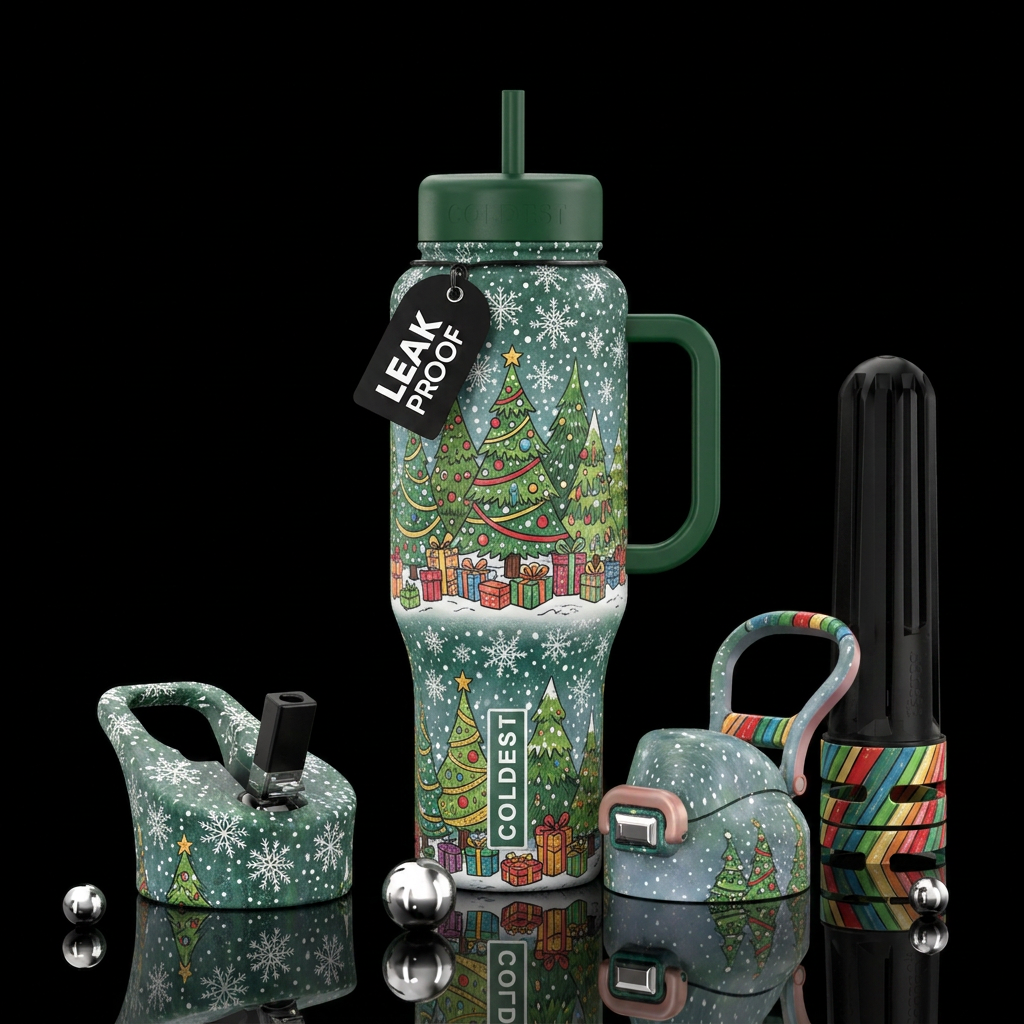 christmas tree with presents underneath cartoon ha... water bottle design