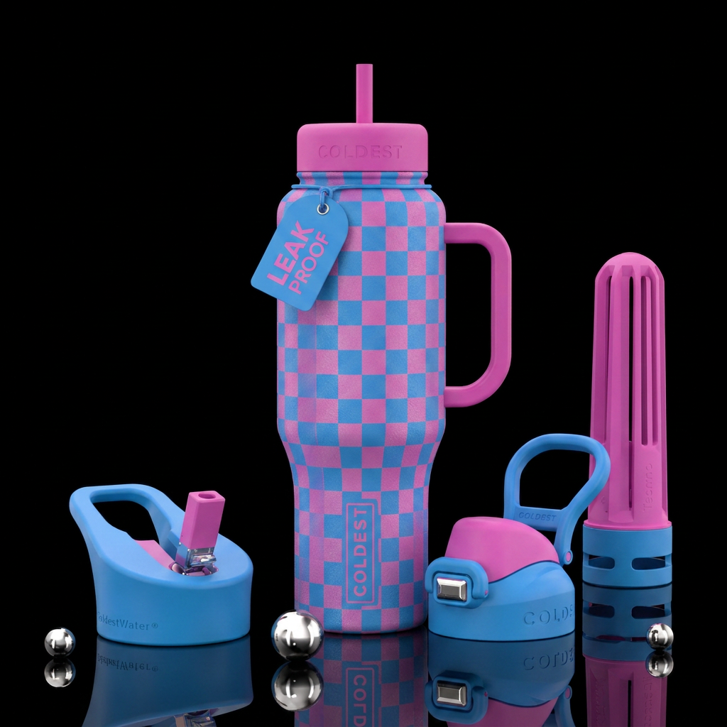 Blue and pink checkered, beautiul, vibrant, modern... water bottle design