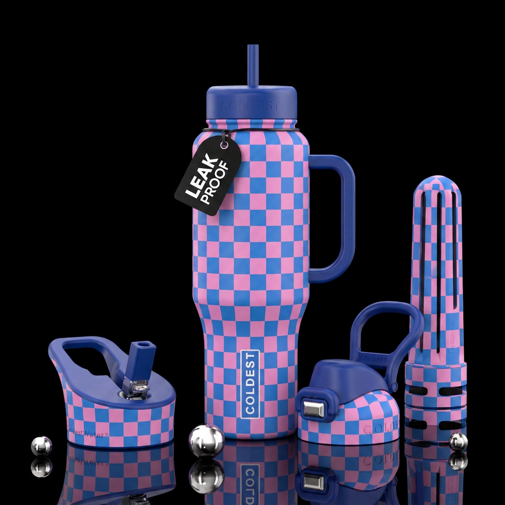 Blue and pink checkered, beautiul, vibrant, modern... water bottle design