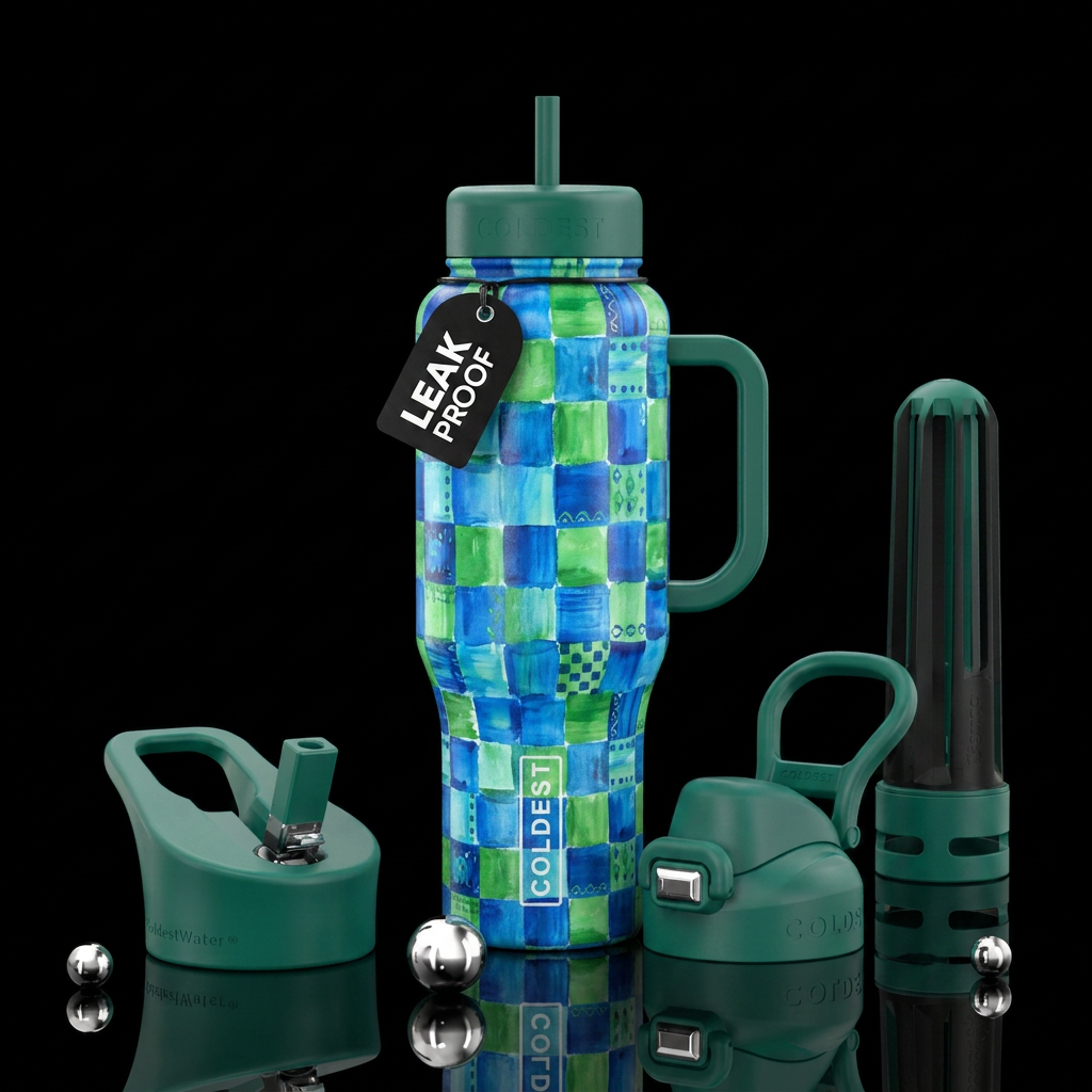 Bright blue and green checkered, vibrant, beautiul... water bottle design
