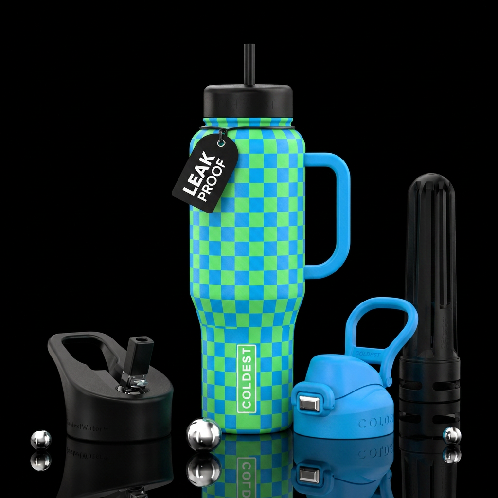 Bright blue and green checkered, vibrant, beautiul... water bottle design