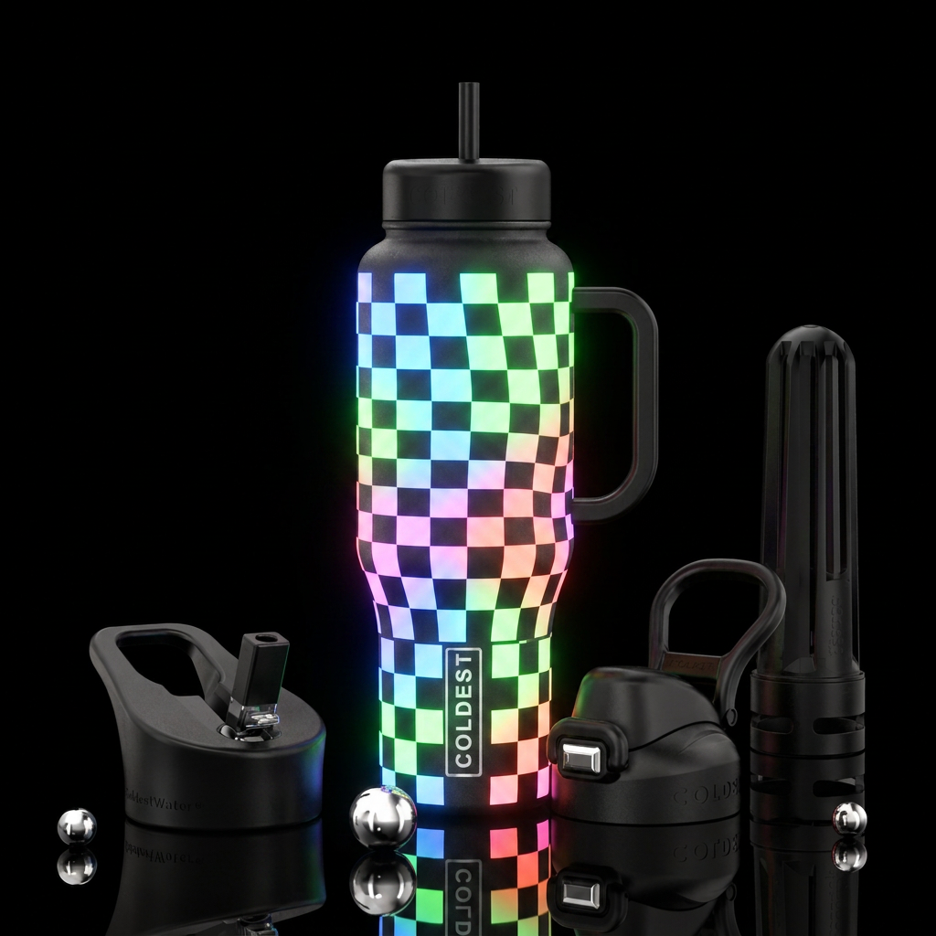 Neon glow in the dark checkered with uneven glow i... water bottle design