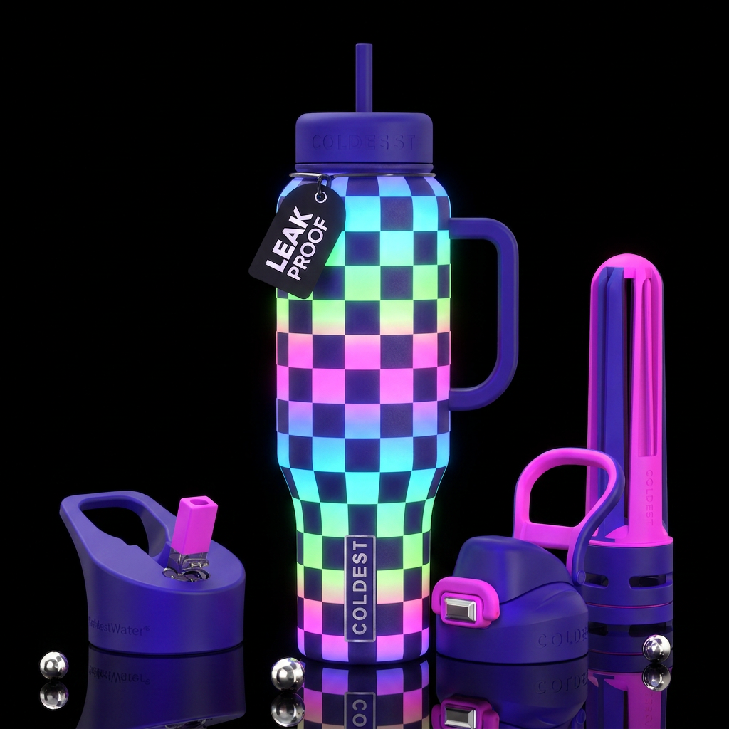 Neon glow in the dark checkered with glow in the d... water bottle design