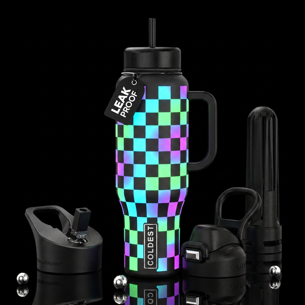 Neon glow in the dark checkered with glow in the d... water bottle design