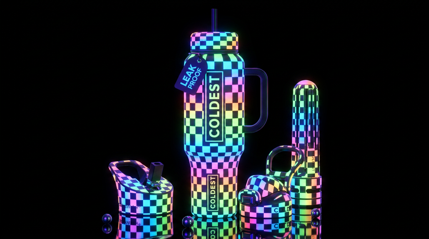 Neon glow in the dark checkered with glow in the d... water bottle design