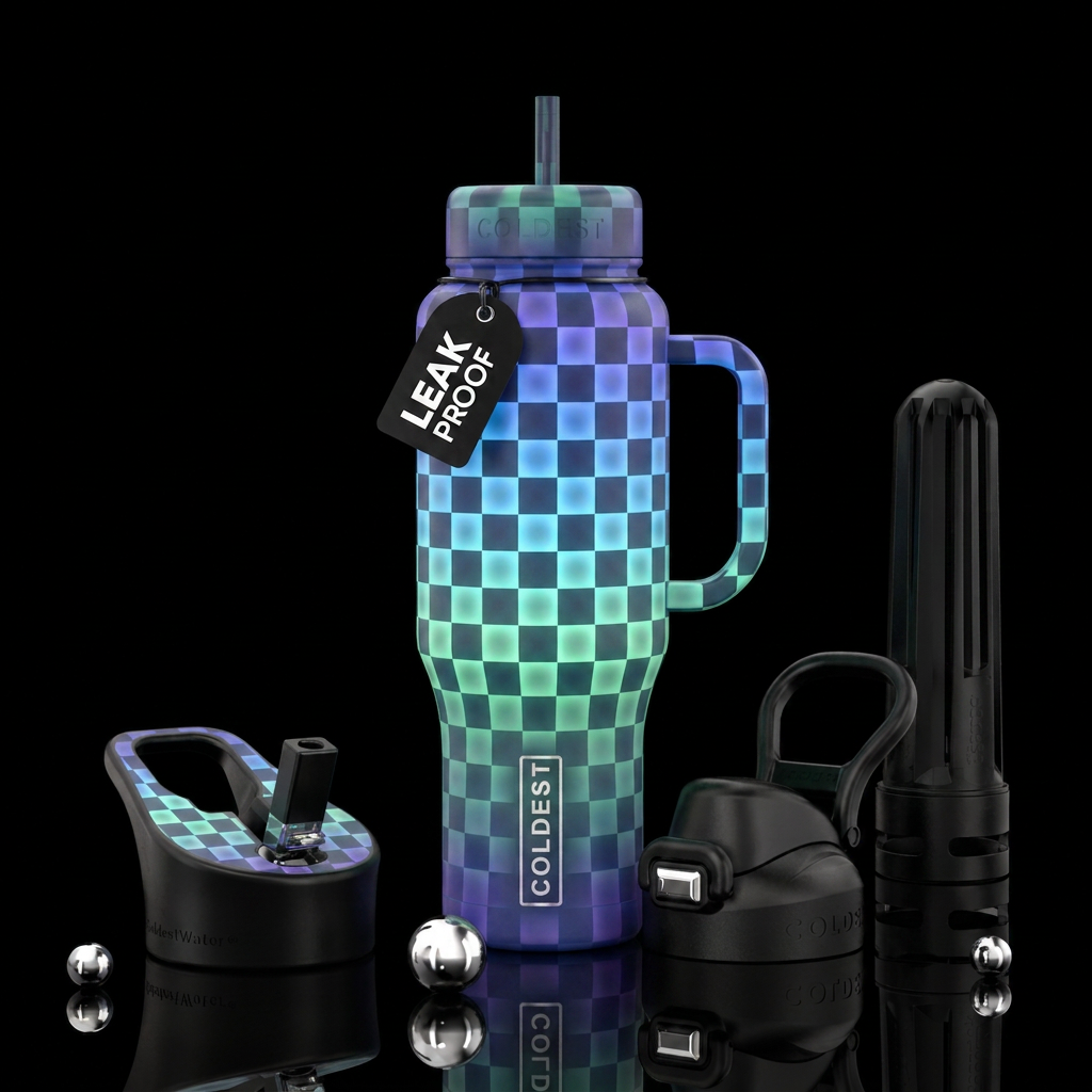 Blue purple green ombre checkered, artistic, beaut... water bottle design