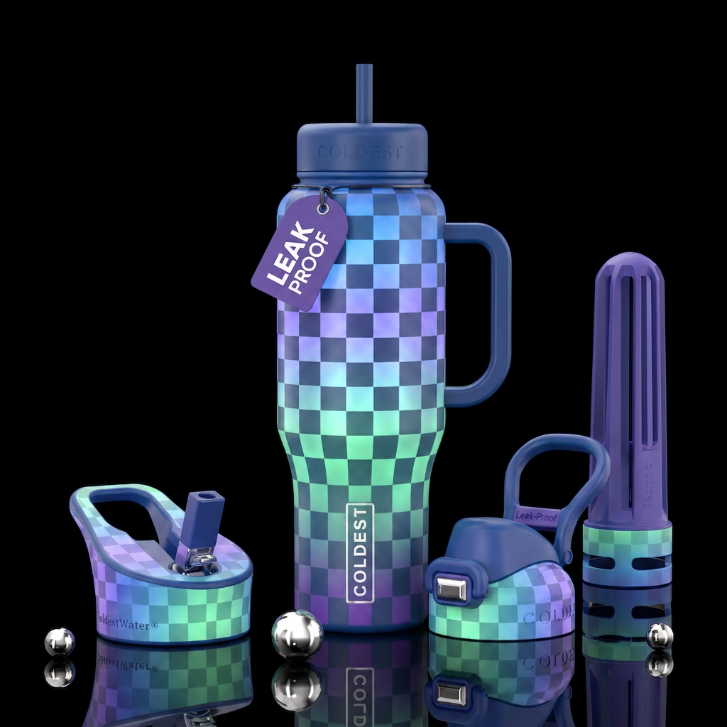 Blue purple green ombre checkered, artistic, beaut... water bottle design