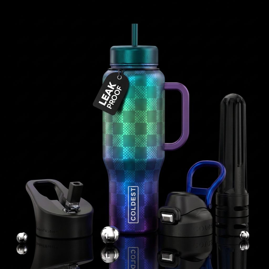 Blue purple green ombre checkered, artistic, beaut... water bottle design