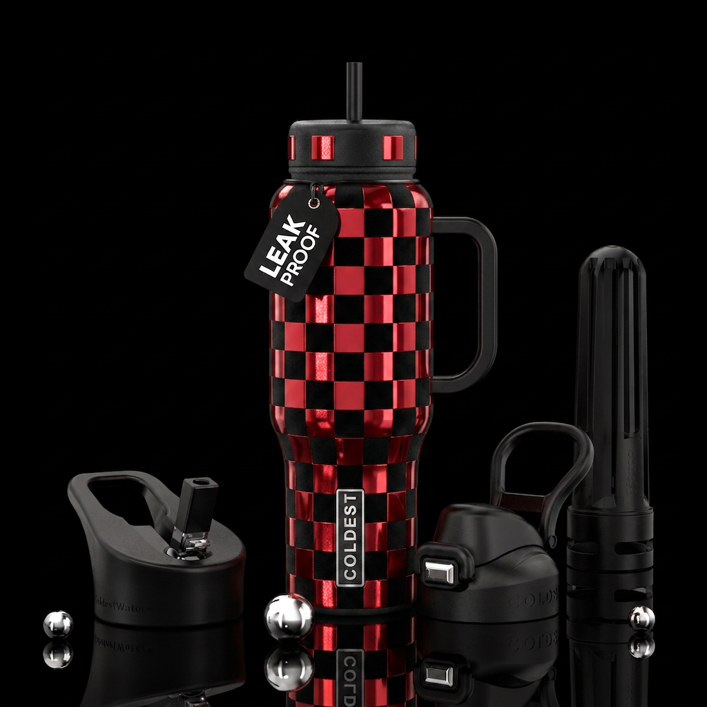 Shiny red checkers with matte black checkers vibra... water bottle design