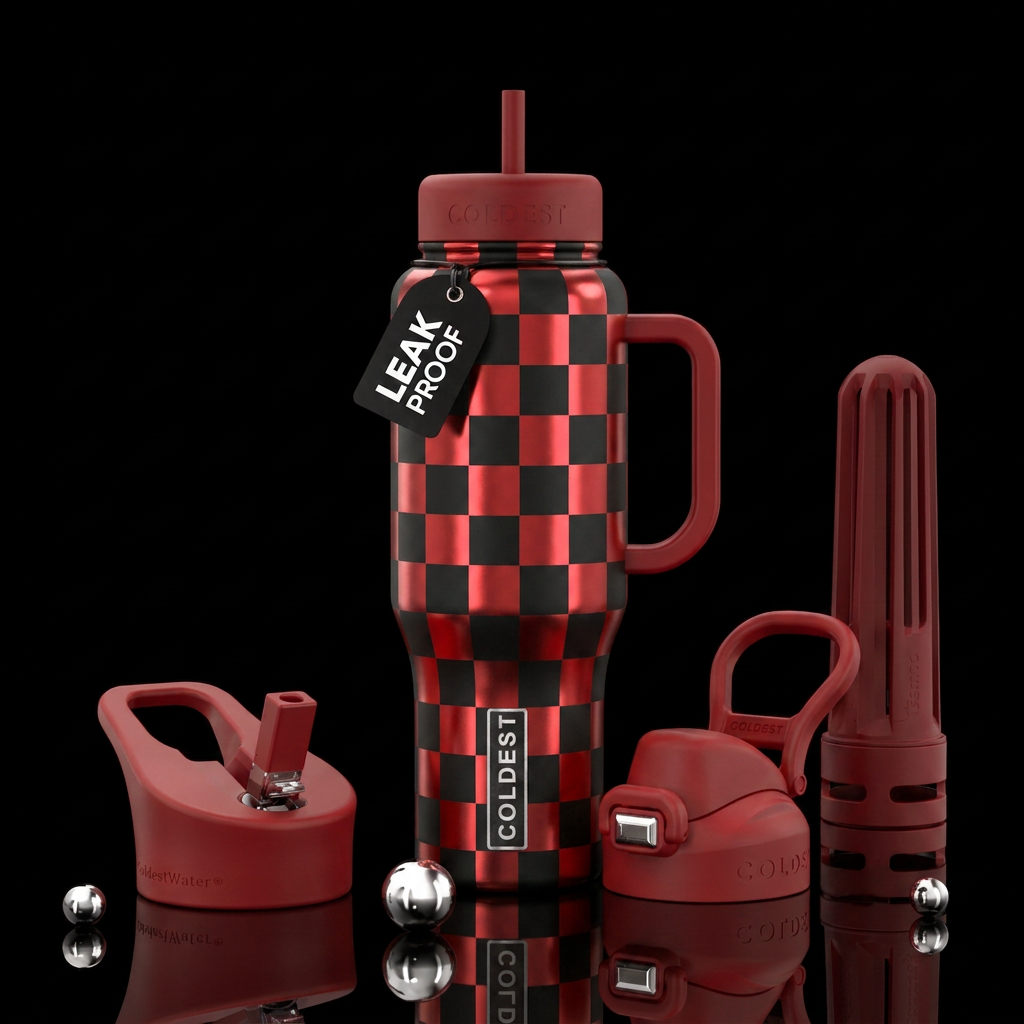 Shiny red checkers with matte black checkers vibra... water bottle design