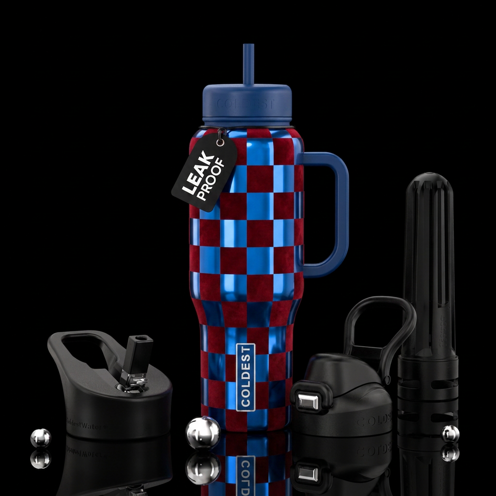 Shiny blue checkers with matte red checkers, vibra... water bottle design