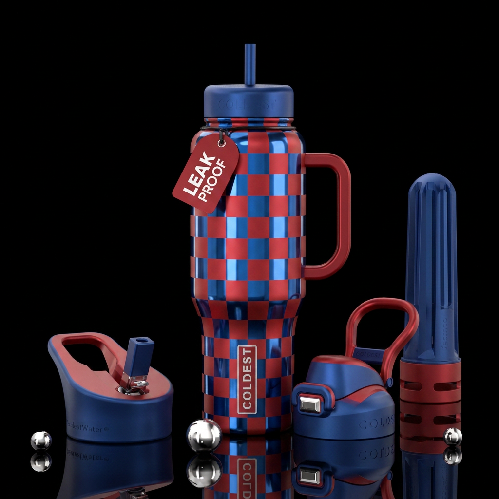 Shiny blue checkers with matte red checkers, vibra... water bottle design
