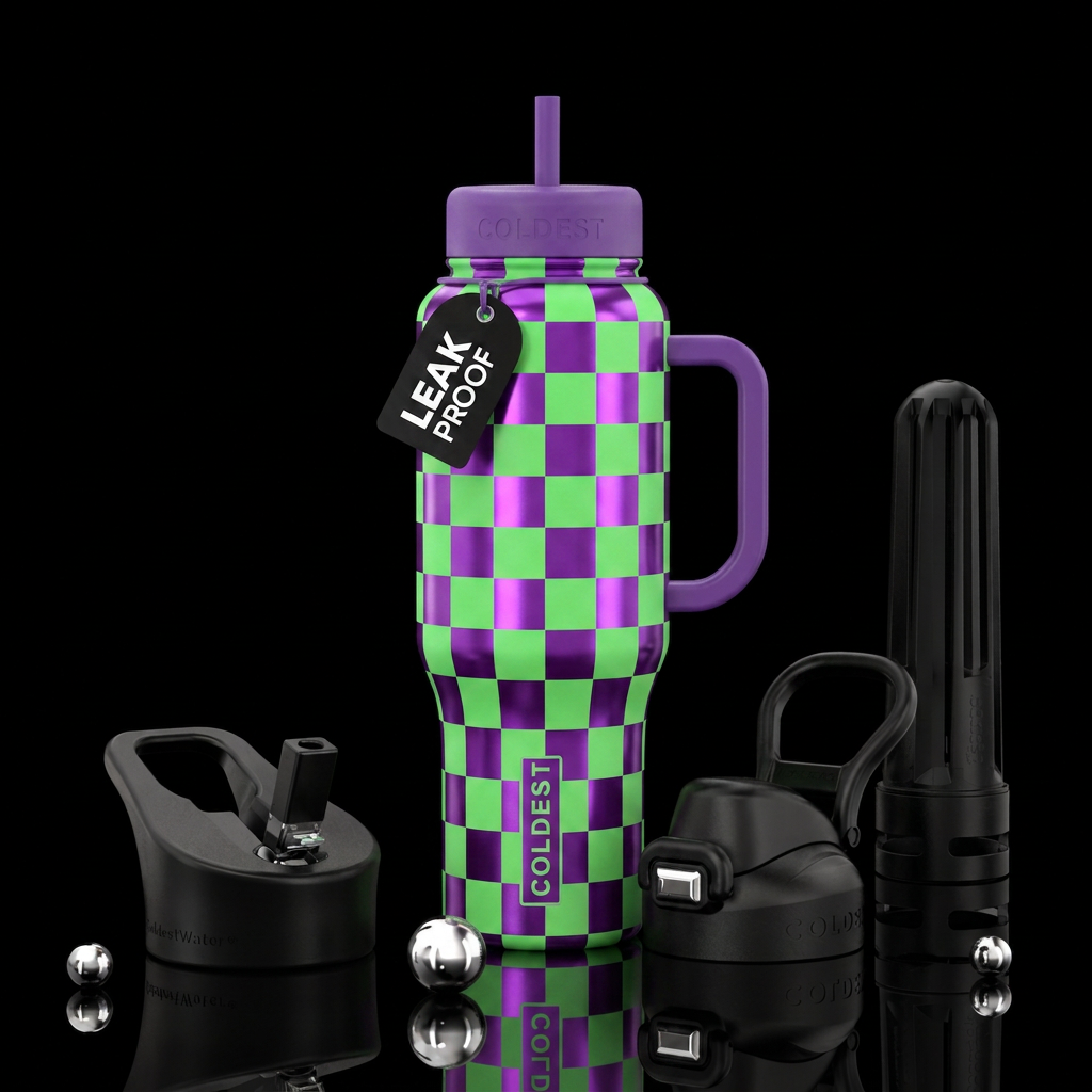 Shiny purple checkers with matte bright green chec... water bottle design