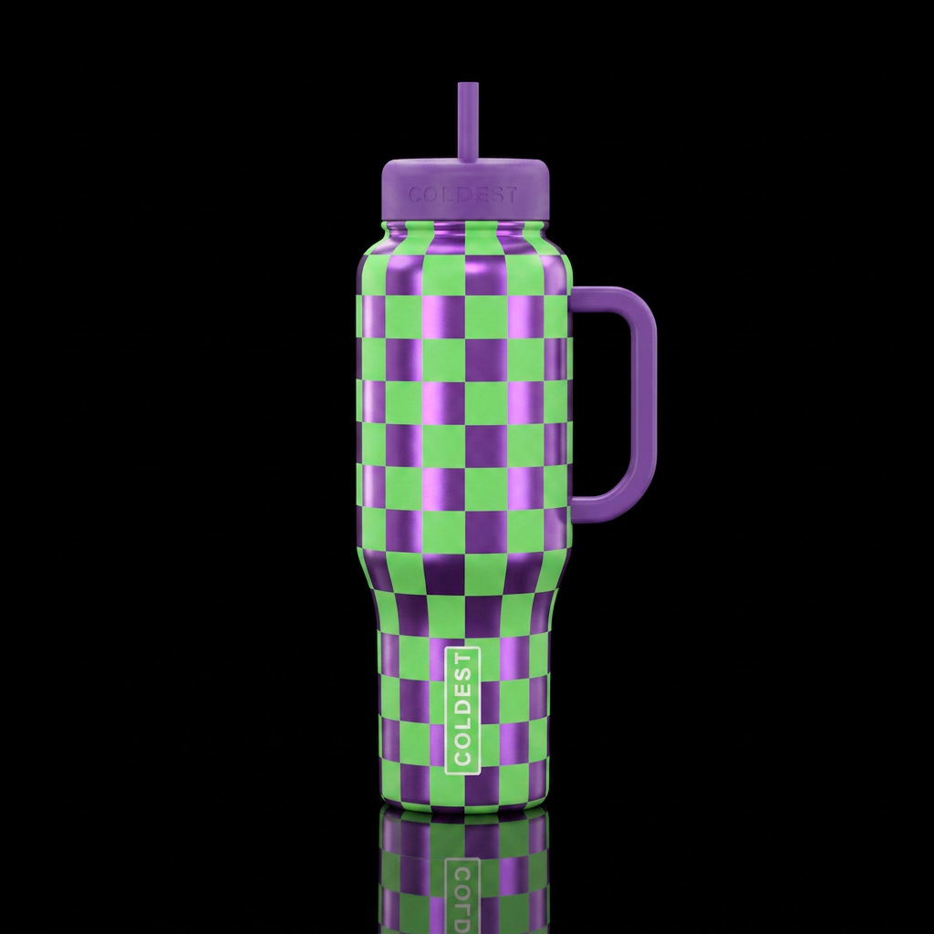 Shiny purple checkers with matte bright green chec... water bottle design