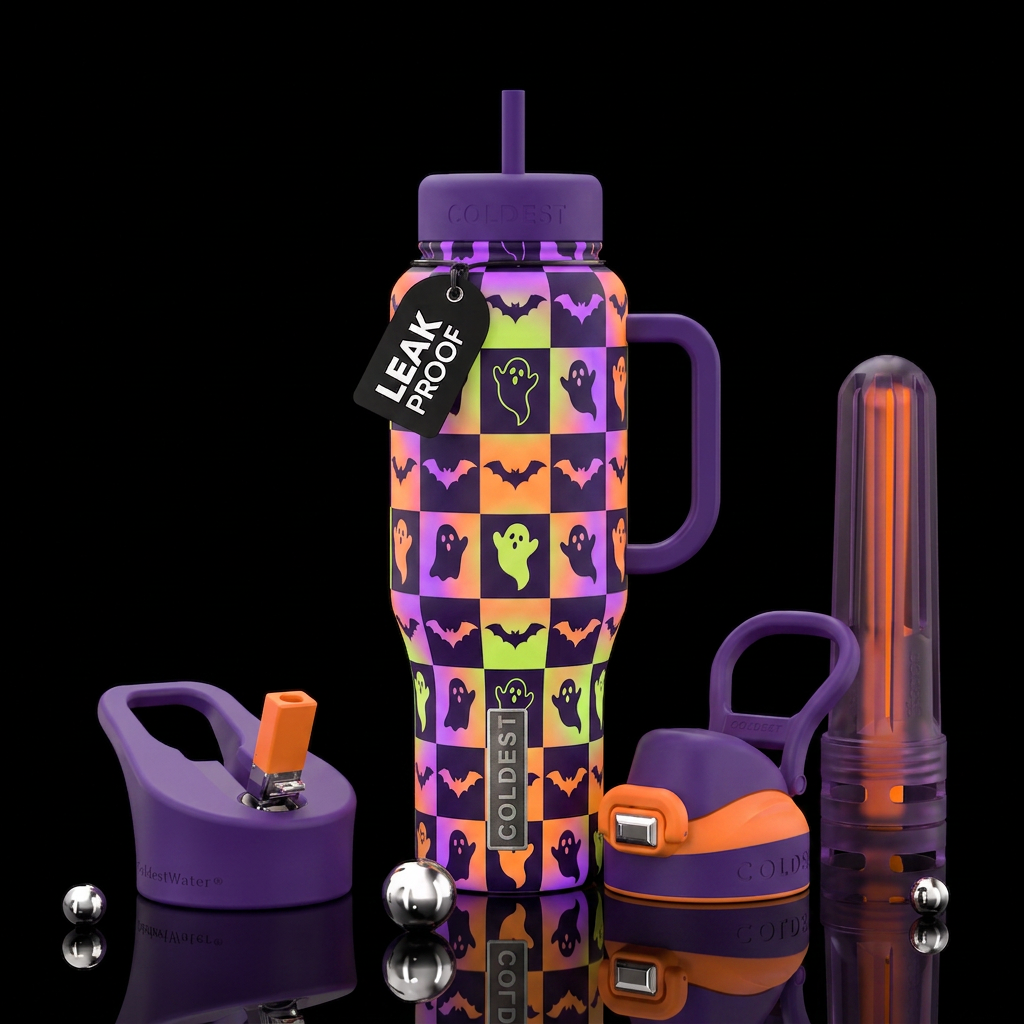 Halloween checkers with ghosts and bat designs for... water bottle design