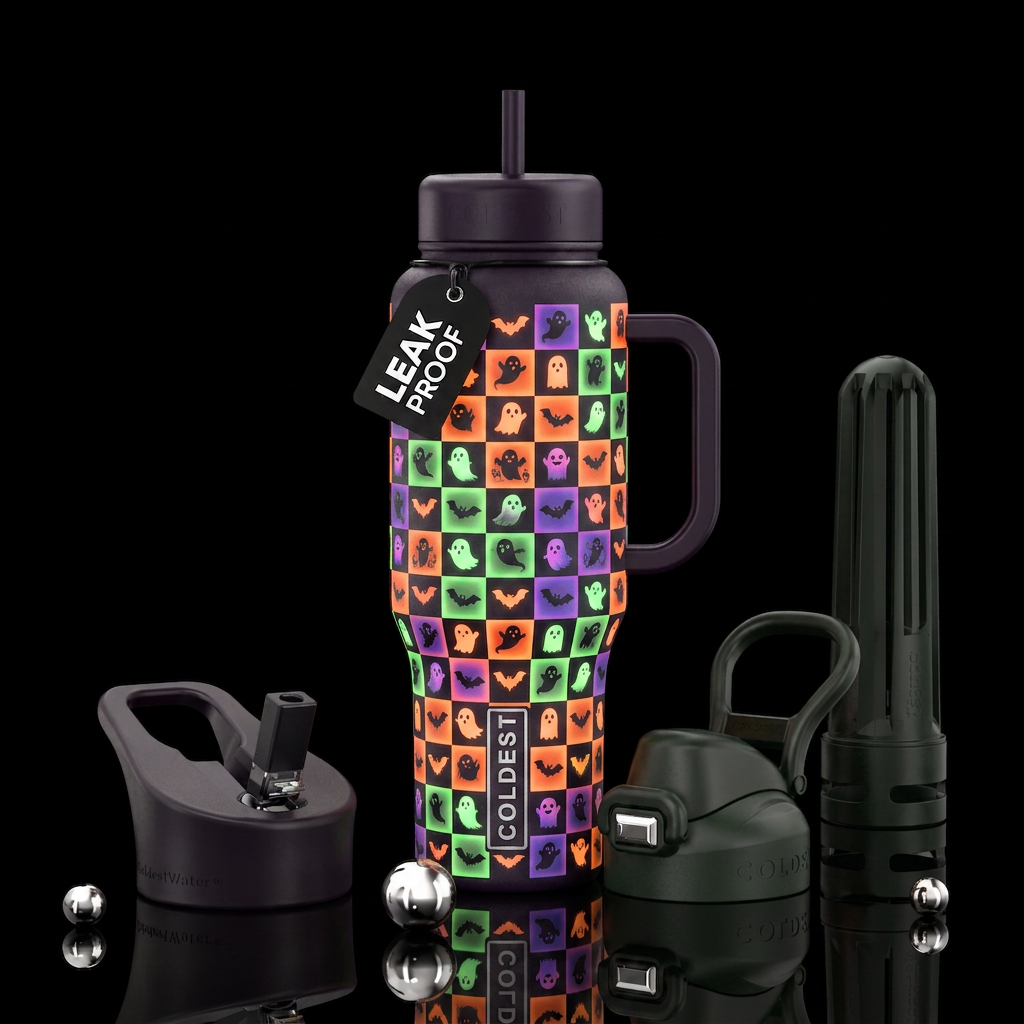 Halloween checkers with ghosts and bat designs for... water bottle design